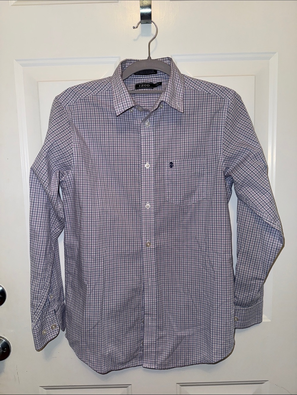 Izod Youth Boys  Light Purple Blue Check Dress Shirt Large